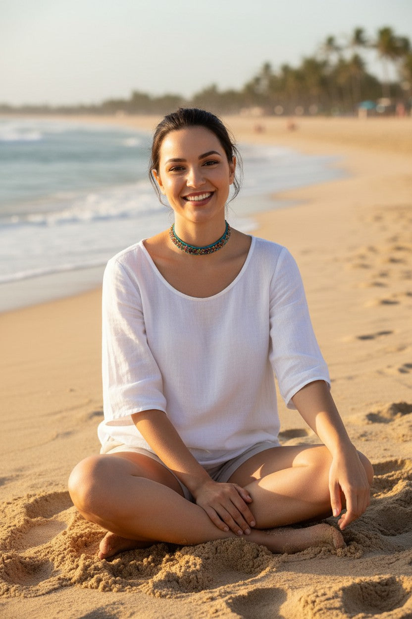 Boho Multi-Color Beaded Choker Necklace – Turquoise Fabric Base