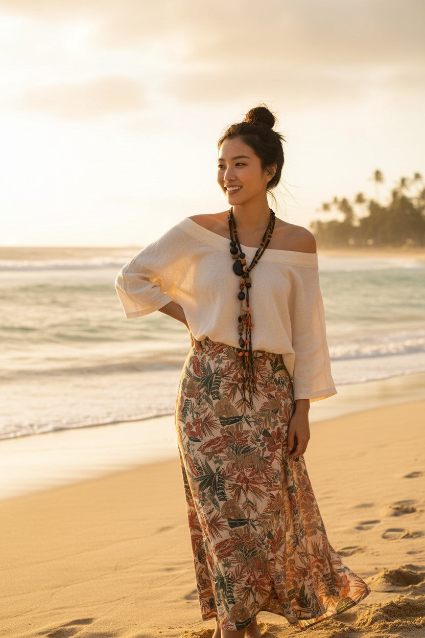 A woman stands on a sandy beach at sunset wearing a stunning coffee toned lariat necklace with white off-the-shoulder blouse and a long floral maxi skirt, with ocean waves and palm trees in the background.
