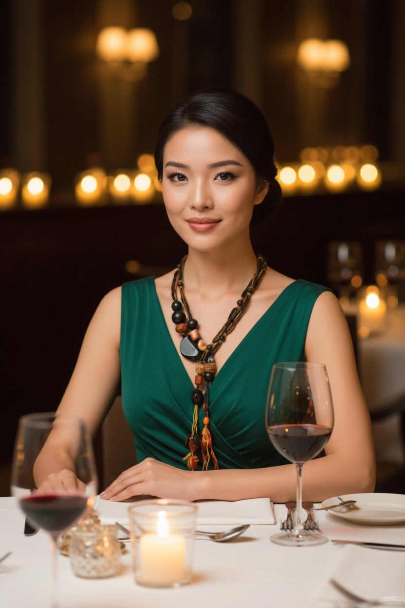 woman wearing brown toned necklace evening dinner wearing emerald green dress. 