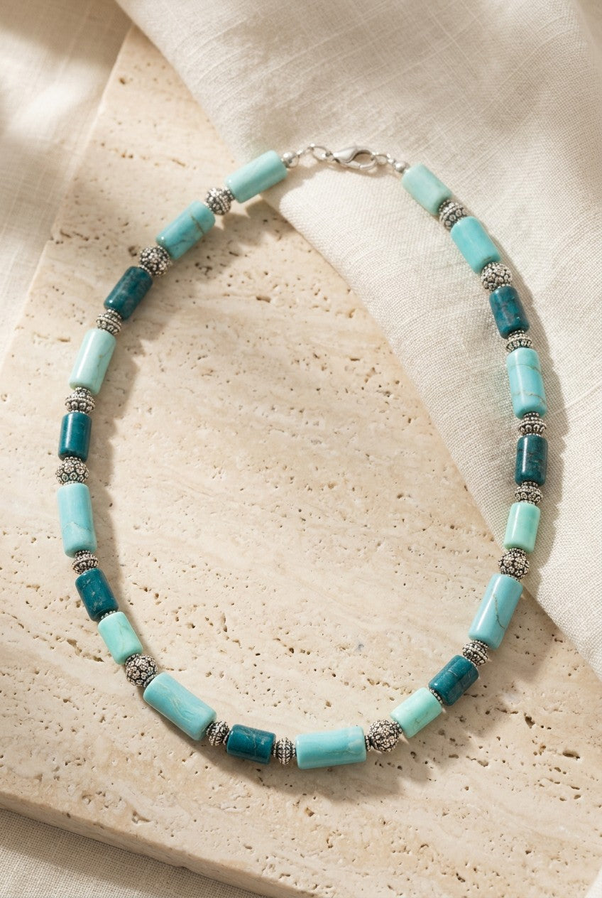 Boho Turquoise Bead Necklace with Silver Plated Spacers – Casual Colorful Jewellery