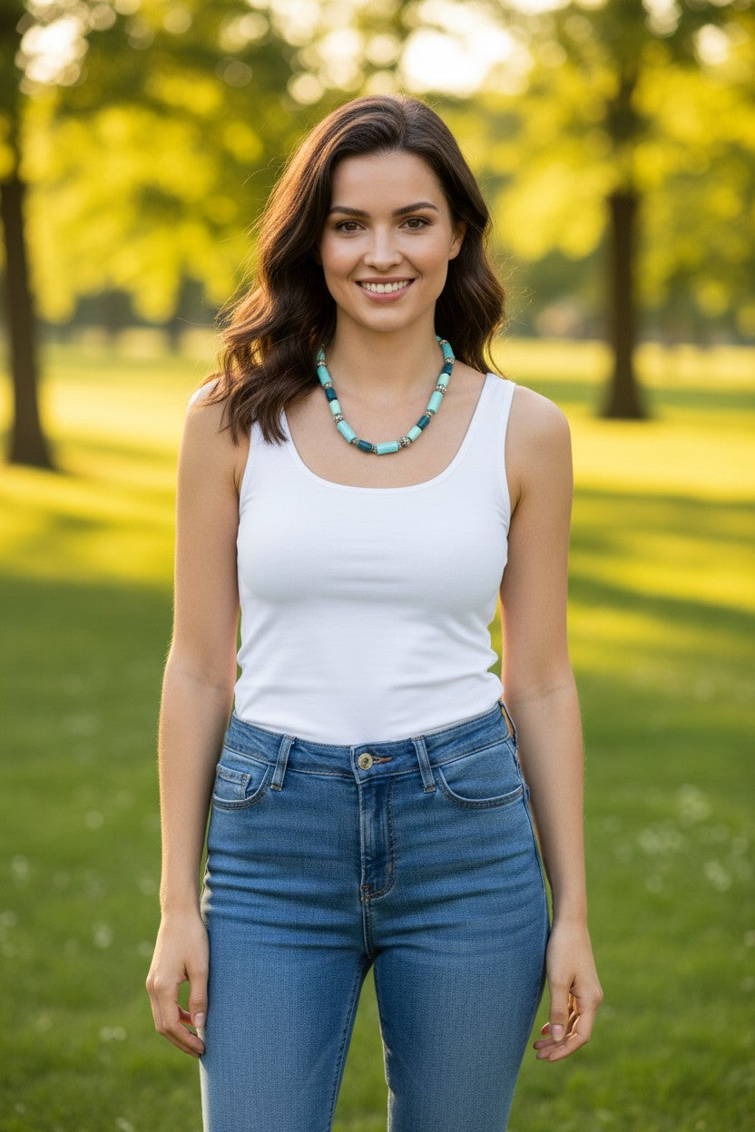 Boho Turquoise Bead Necklace with Silver Plated Spacers – Casual Colorful Jewellery