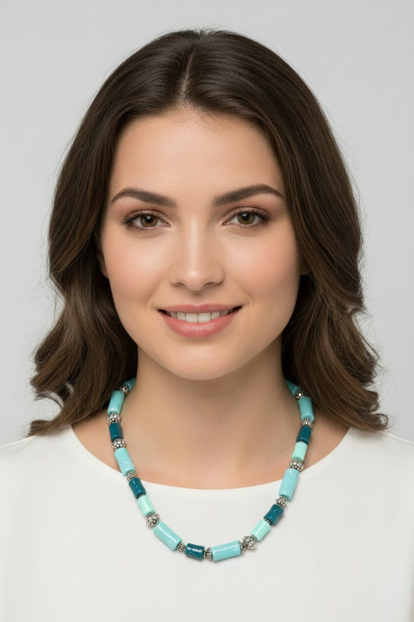 Boho Turquoise Bead Necklace with Silver Plated Spacers – Casual Colorful Jewellery