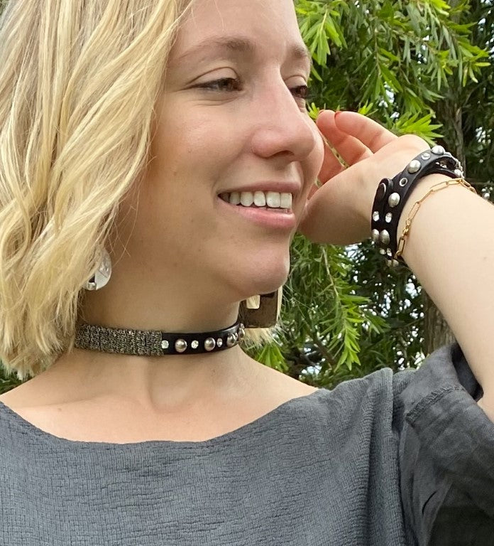 2 in 1 Leather Strap Studded Choker and Wrap Bracelet