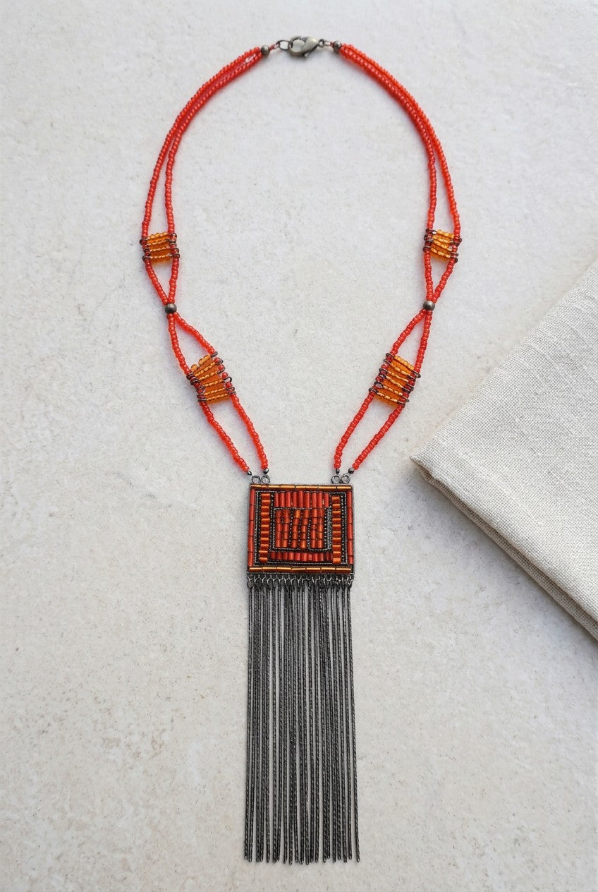 Red Seed Bead Multi-Strand Necklace with Gunmetal Fringe Statement Pendant