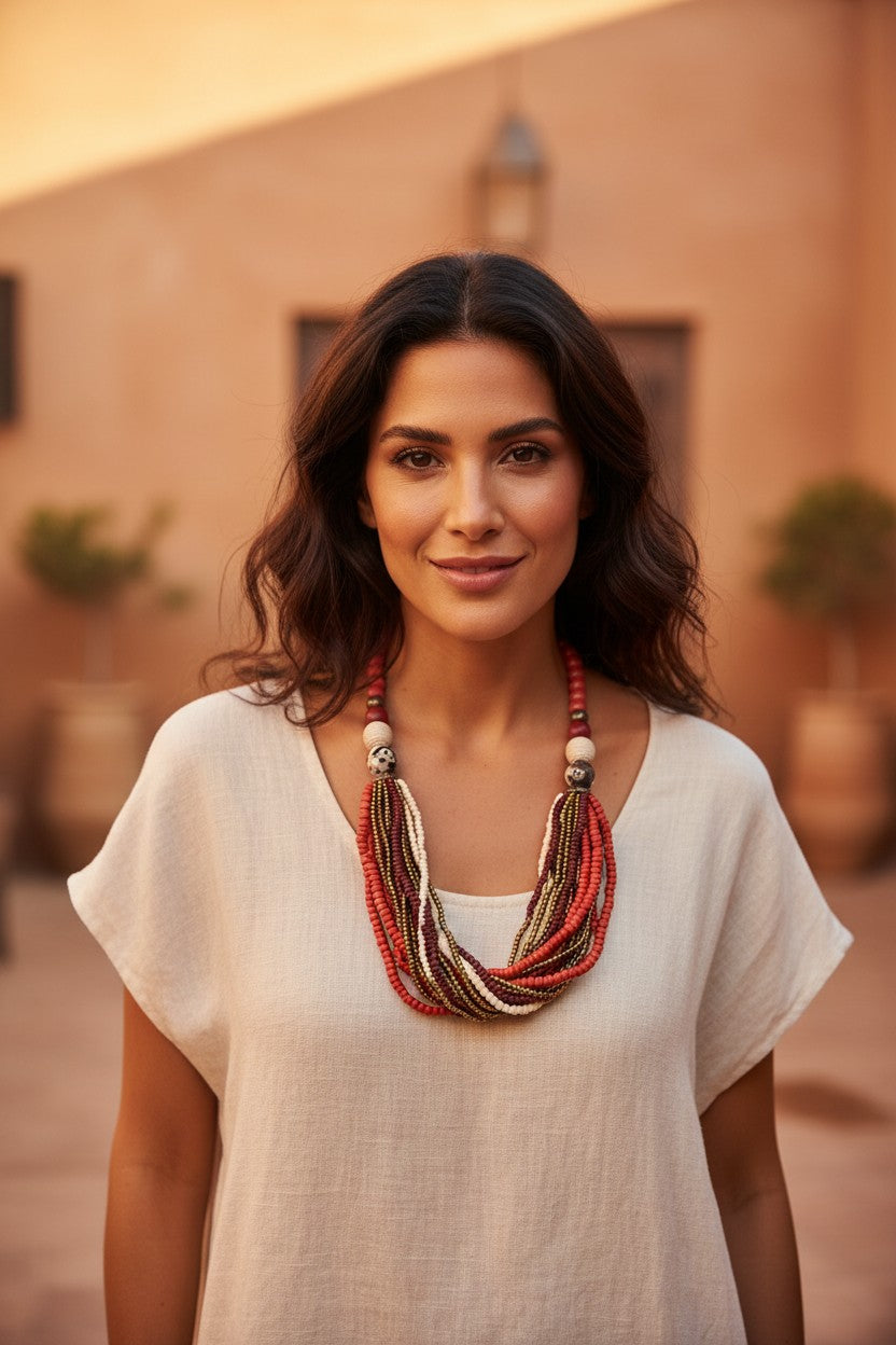 Boho Terracotta Multi-Strand Seed Bead Layered Statement Necklace
