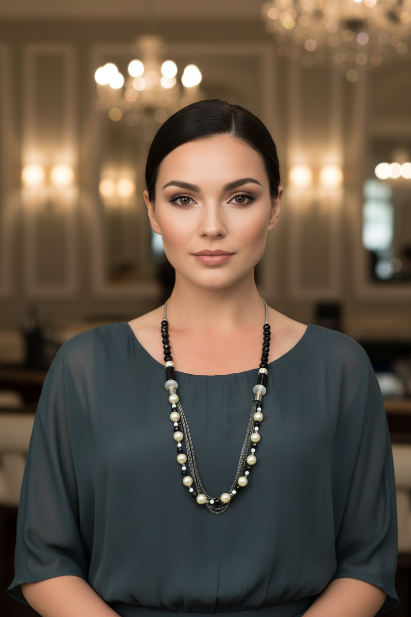 Elegant Italian Vintage Pearl And Black Crystal Necklace