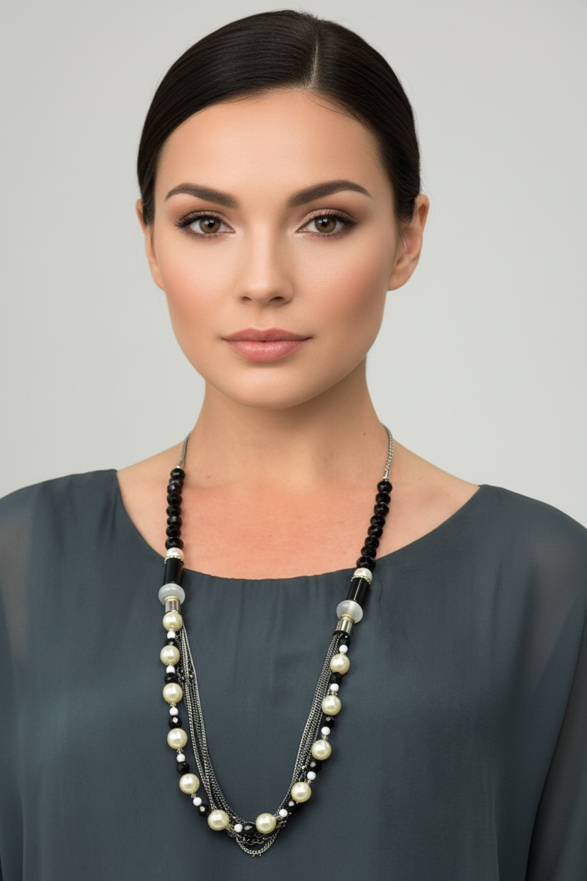 Elegant Italian Vintage Pearl And Black Crystal Necklace