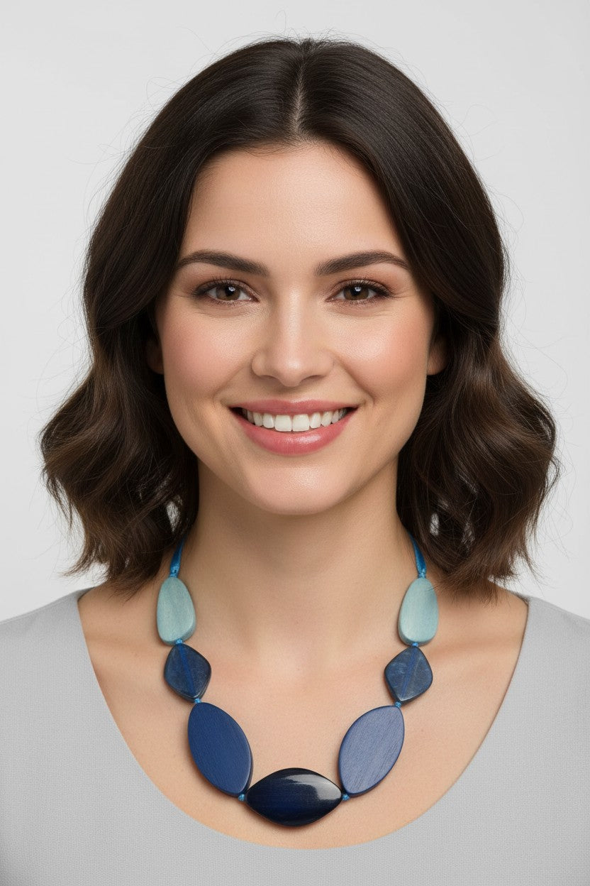Blue Beaded Necklace With Ribbon Cord