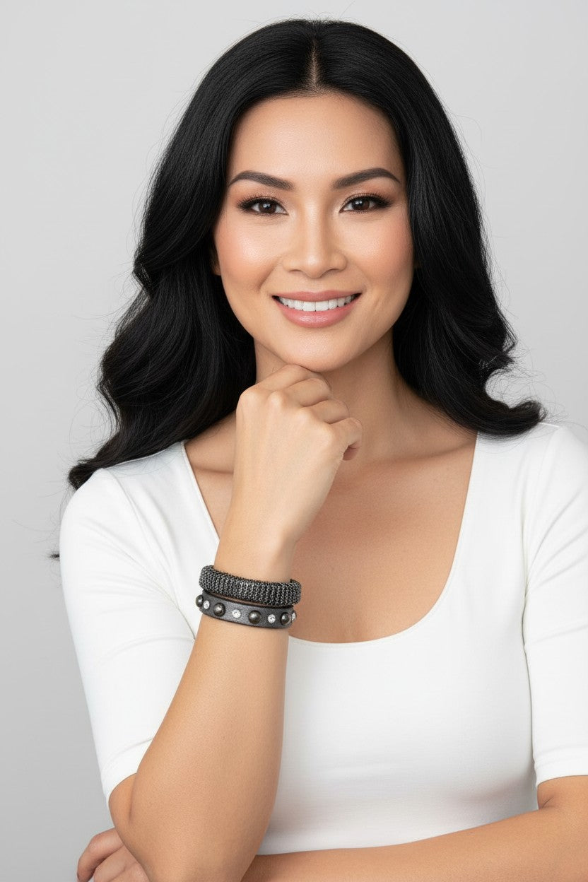 2 in 1 Leather Strap Studded Choker and Wrap Bracelet
