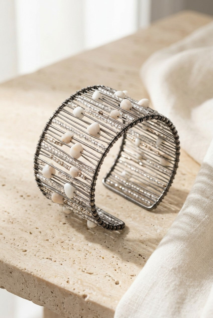 Boho Wide Multi Strand Wire Cuff Bracelet with Semi Precious Stones