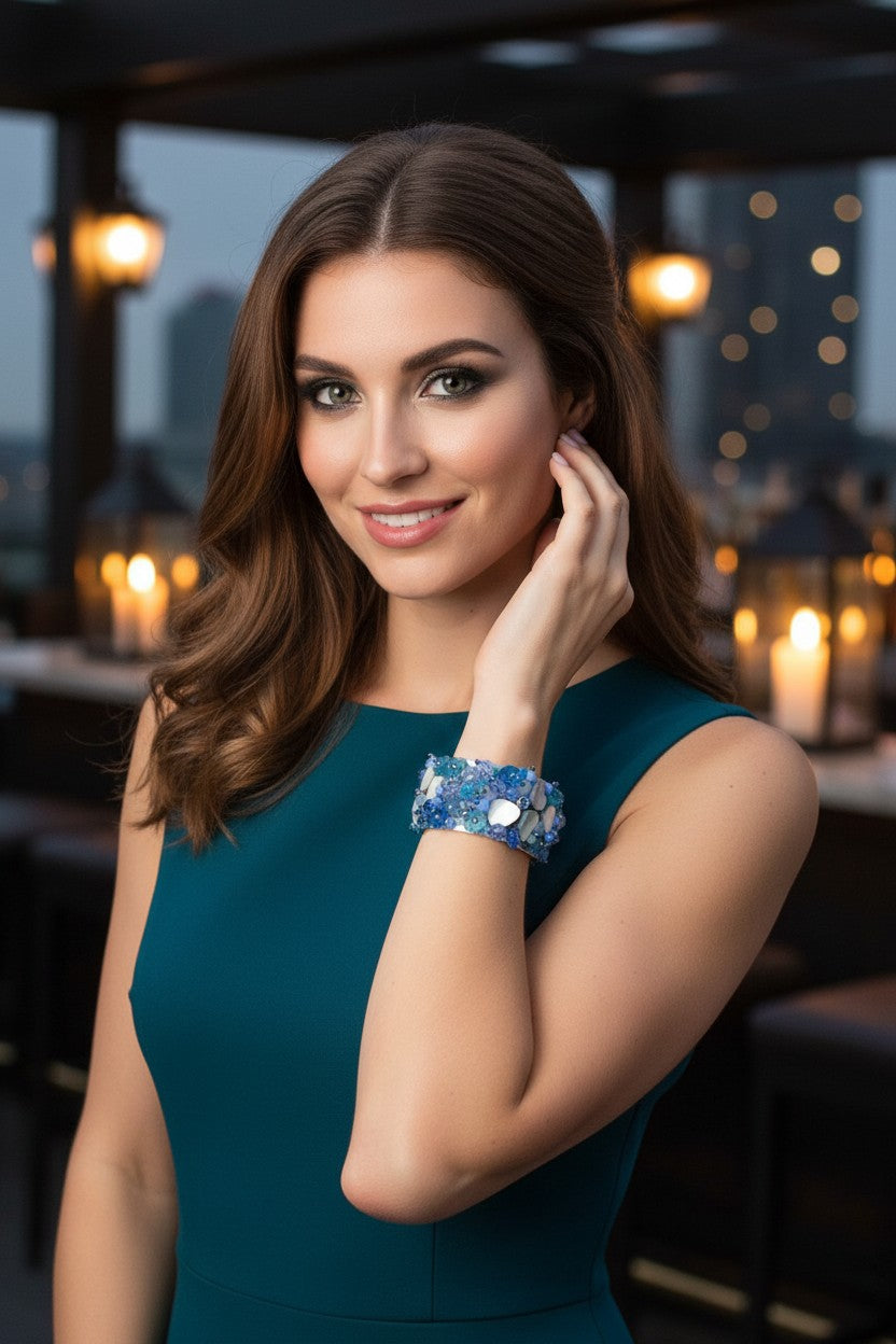 Elegant Shell Wide Cuff Bracelet with Beaded Flower Accents
