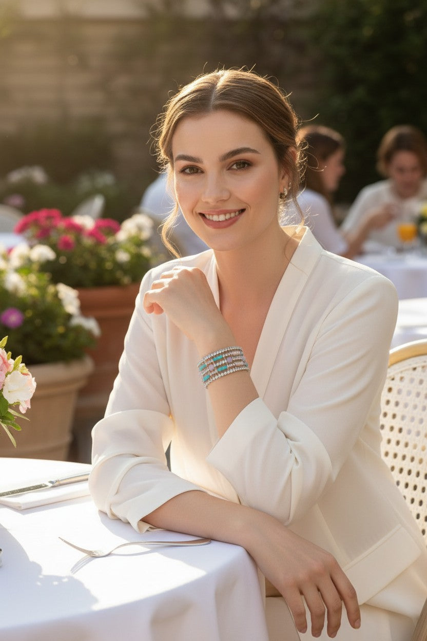 A woman in a white blazer sits at an outdoor dining table, wearing a colorful beaded bracelet on her wrist, nice pink and blue pastel tones.
