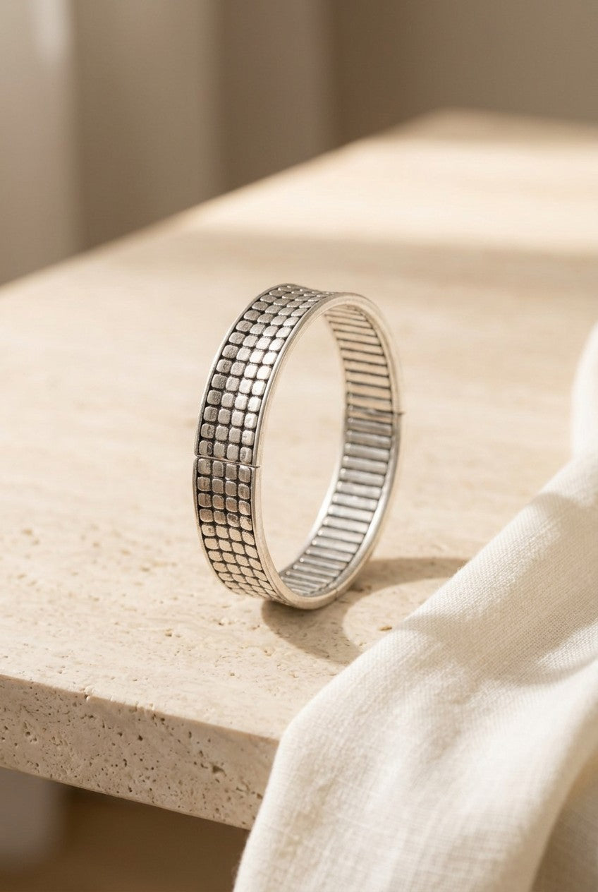 Minimalist Silver Plated Textured Grid Lattice Stretch Bracelet