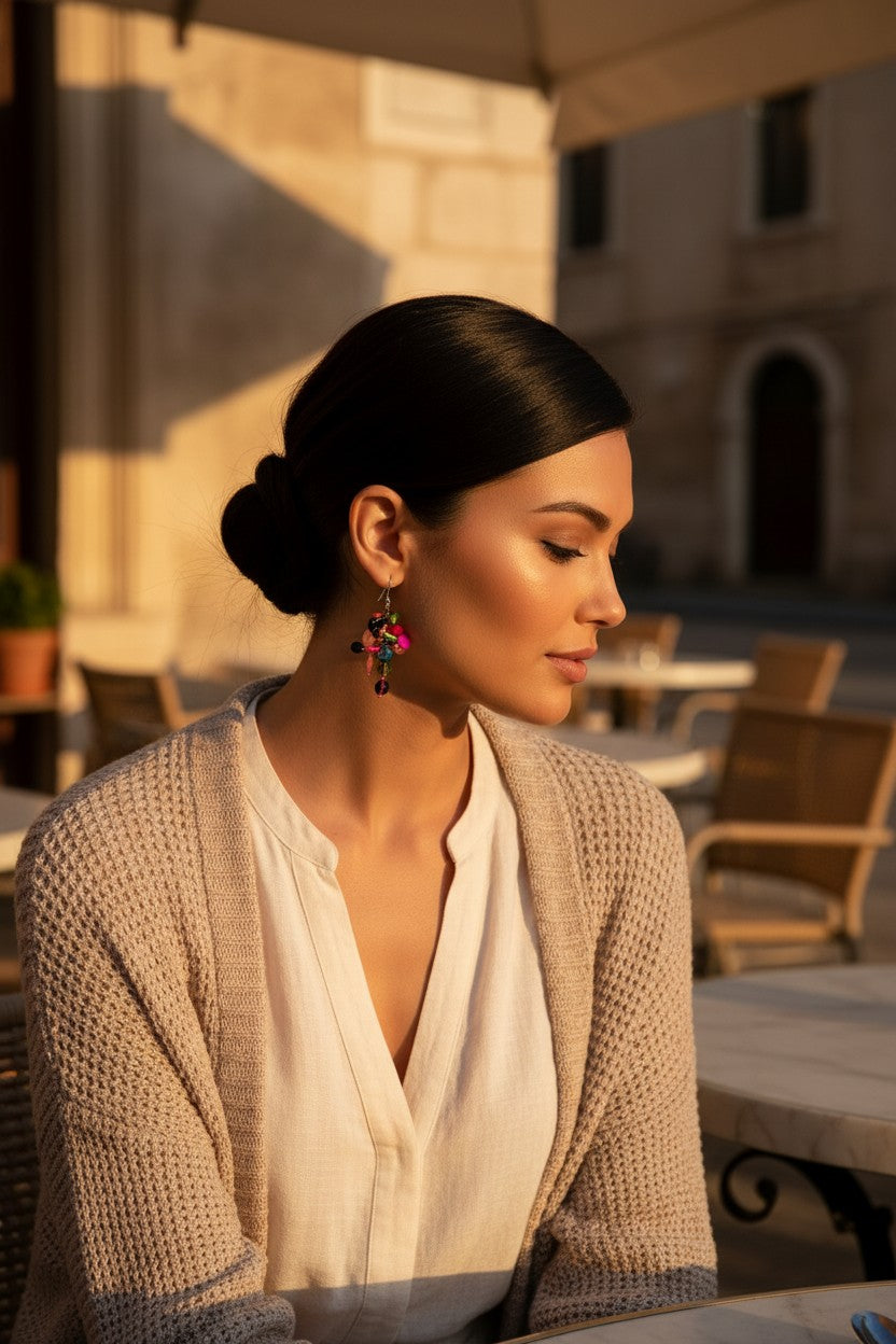 Boho Multicolored Beaded Disc Drop Earrings