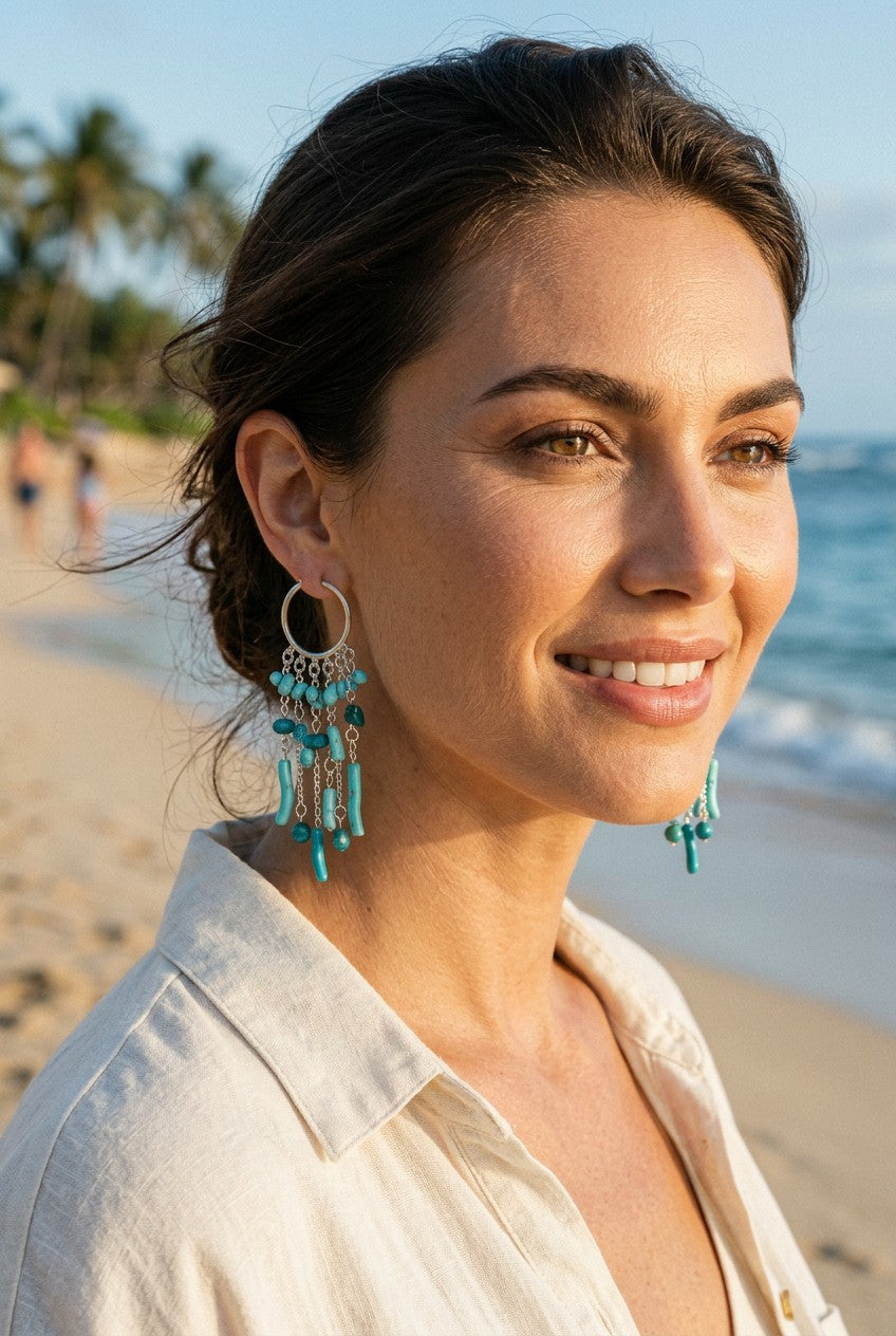 Turquoise Beaded Chandelier Hoop Earrings