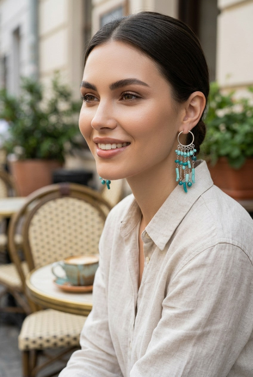 Turquoise Beaded Chandelier Hoop Earrings
