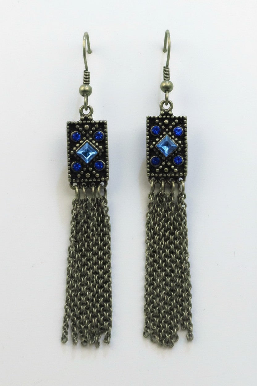 blue crystal gunmetal chain tassel earrings fish hook backs