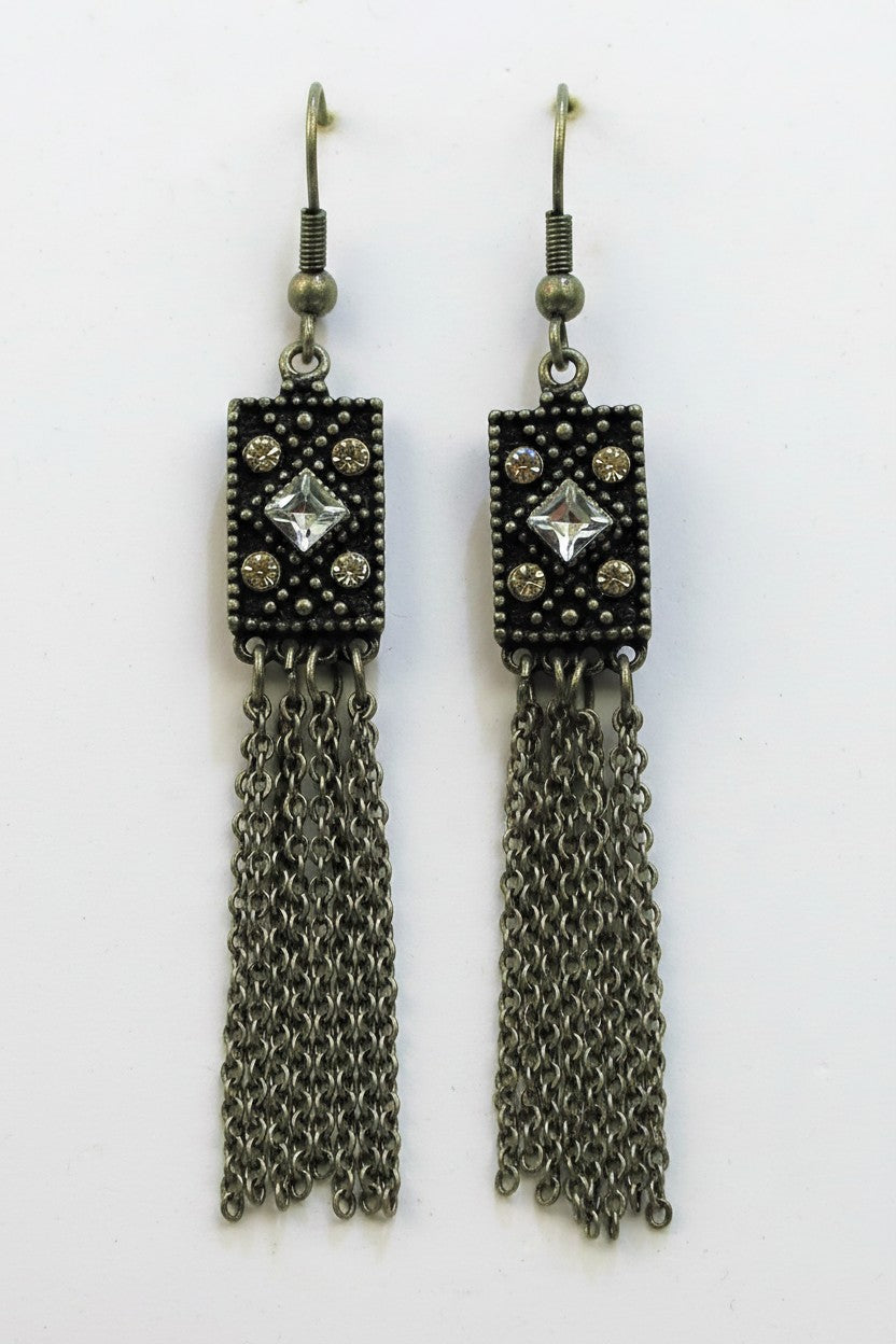 elegant gunmetal drop earrings with a crystal pendant and fine chain tassels.
