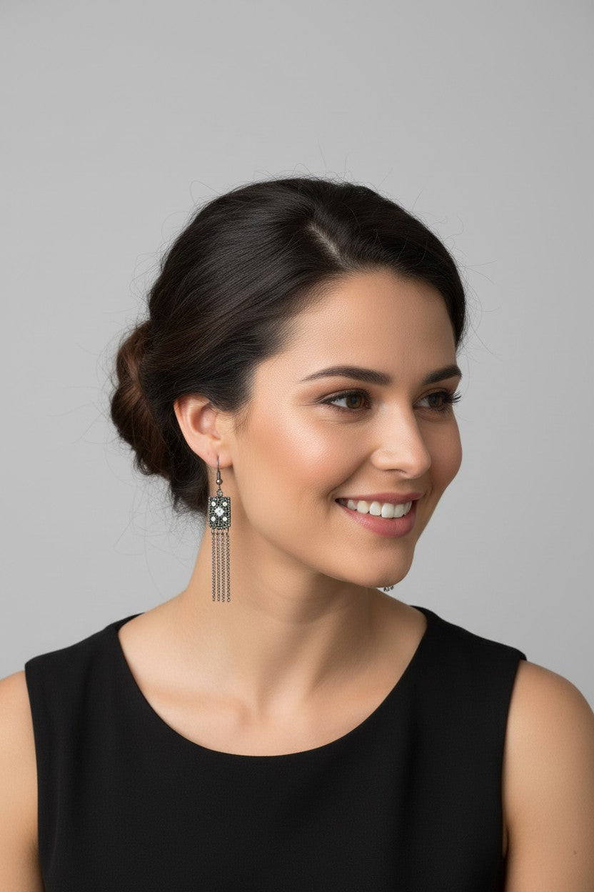Gunmetal And Crystal Chain Earrings