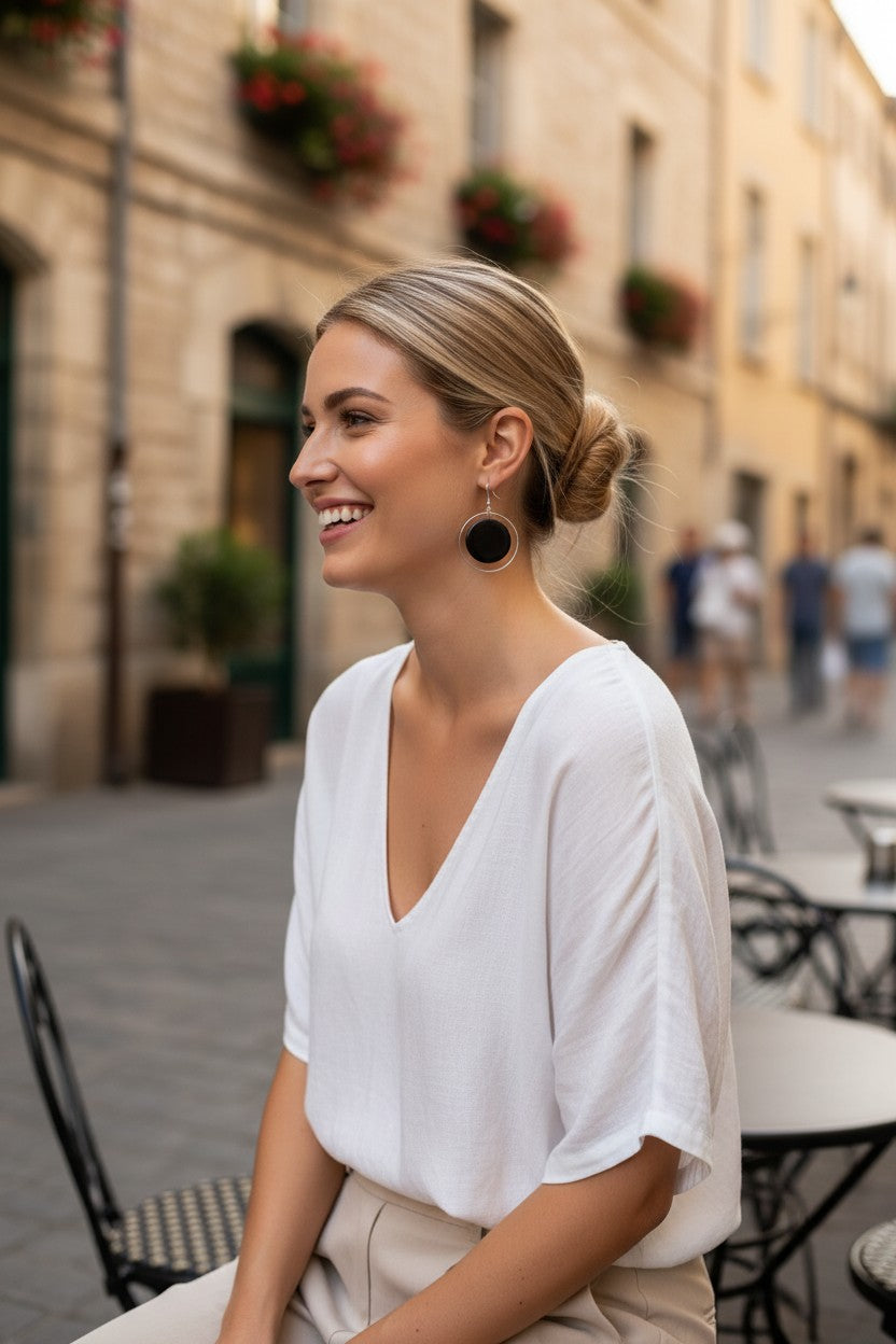 Silver Loop And Shell Disc Fashion Earrings