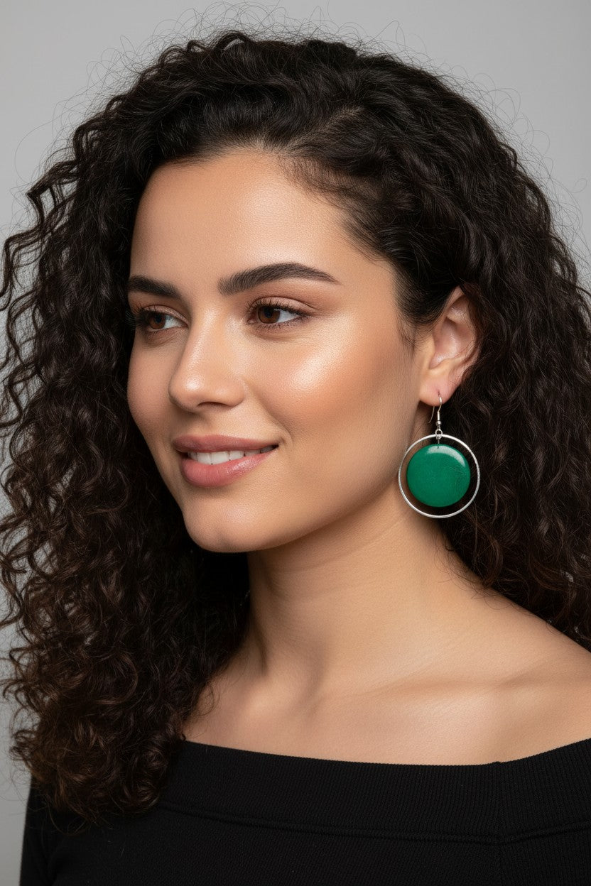 Silver Loop And Shell Disc Fashion Earrings