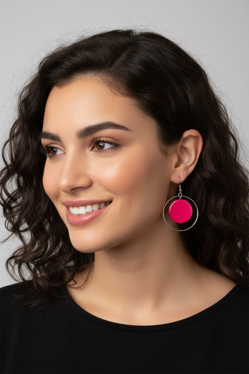 Silver Loop And Shell Disc Fashion Earrings