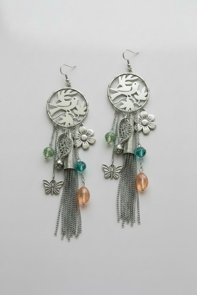 Silver Bird & Tree Circular Pendant Long Drop Earrings