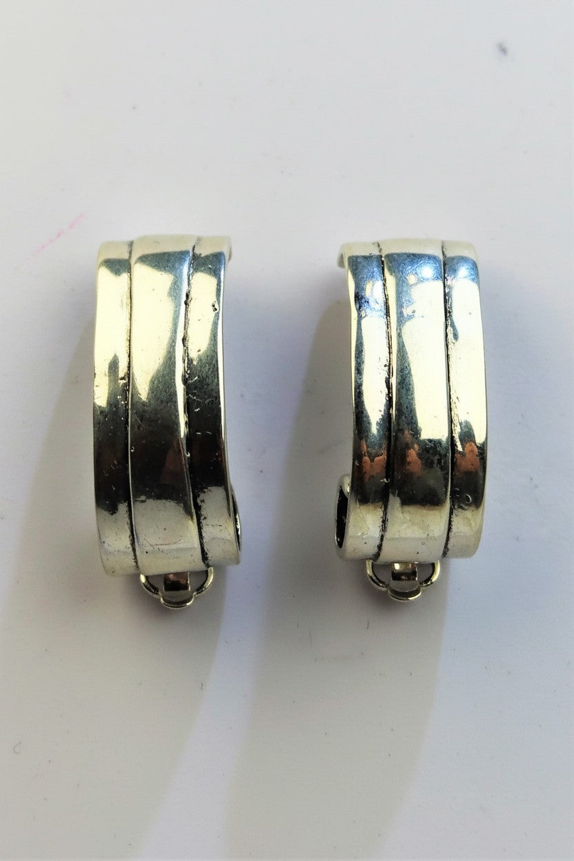 Silver Textured Wide Half Hoop Stud Earrings