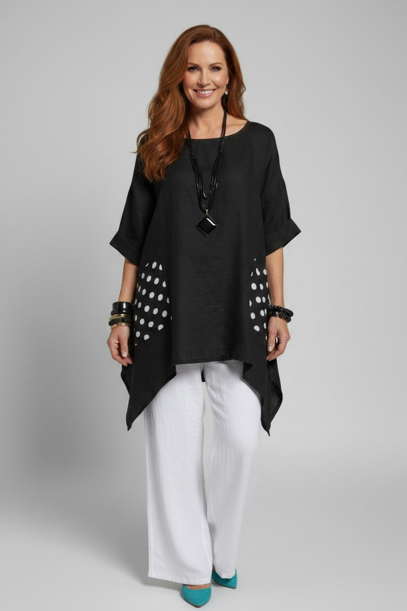 L930-Conti Moda Linen Top With Polkadot Pockets