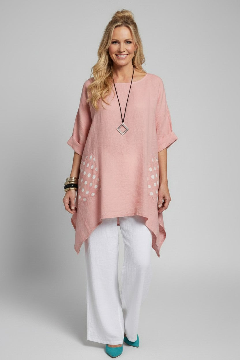 L930-Conti Moda Linen Top With Polkadot Pockets