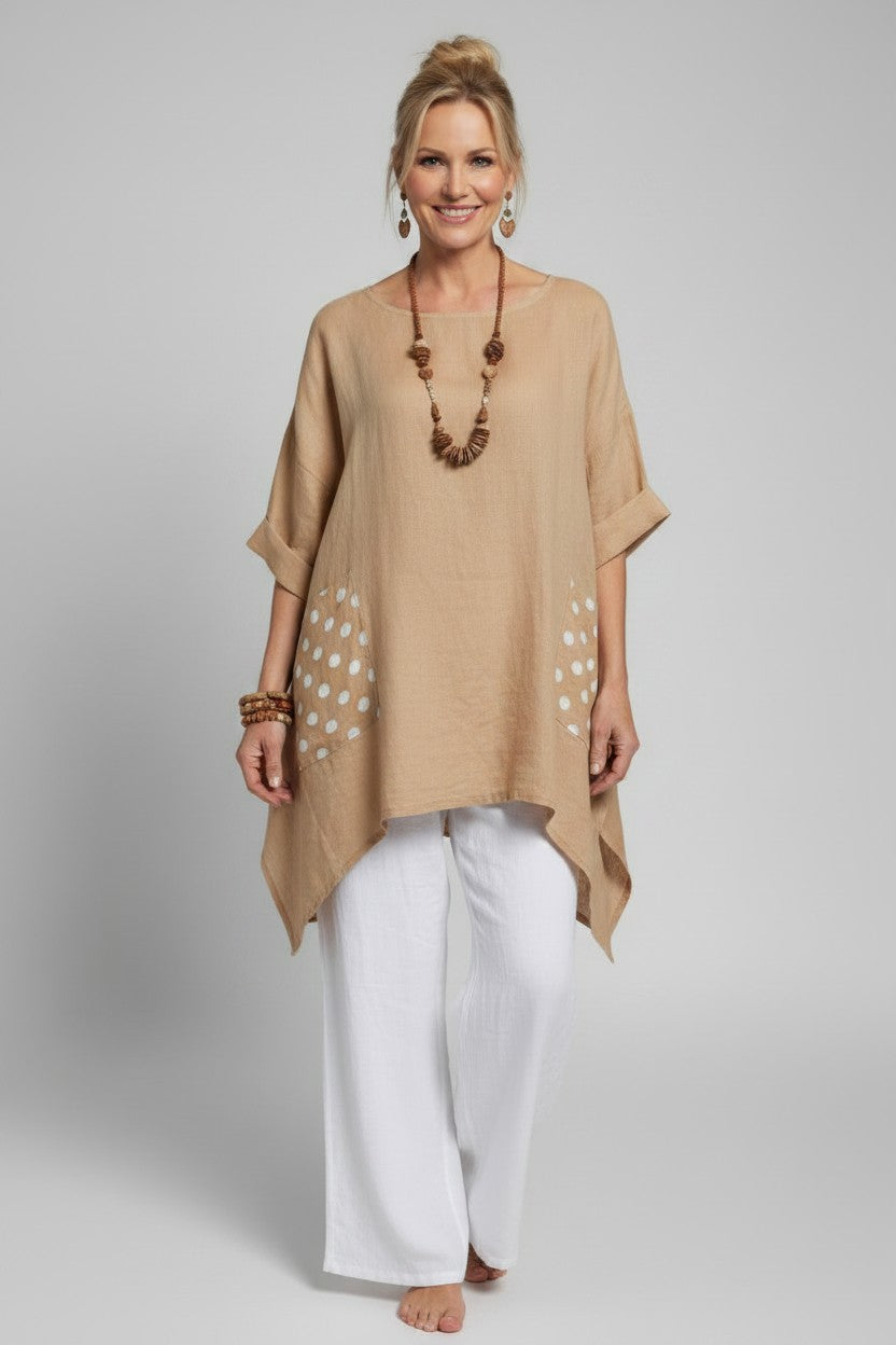 L930-Conti Moda Linen Top With Polkadot Pockets