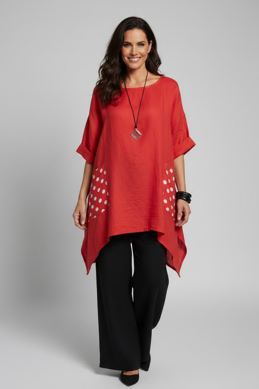 L930-Conti Moda Linen Top With Polkadot Pockets
