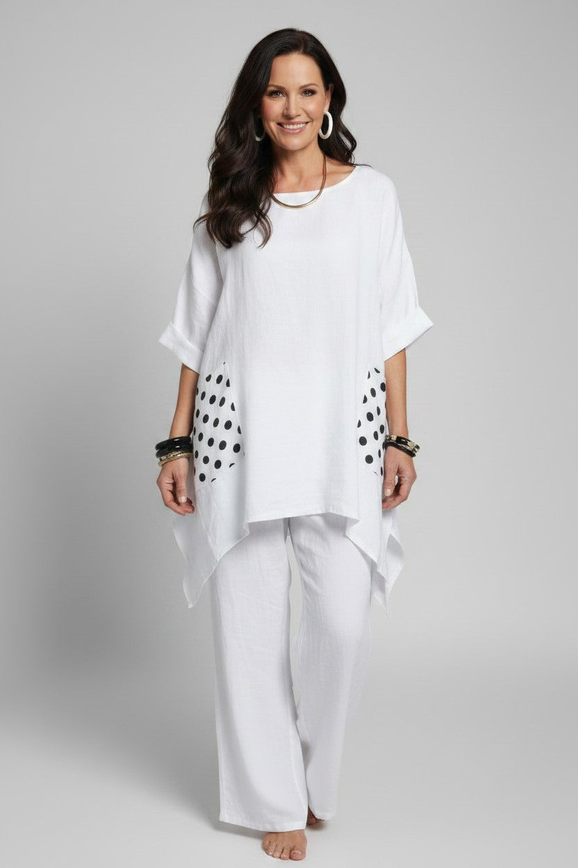 L930-Conti Moda Linen Top With Polkadot Pockets