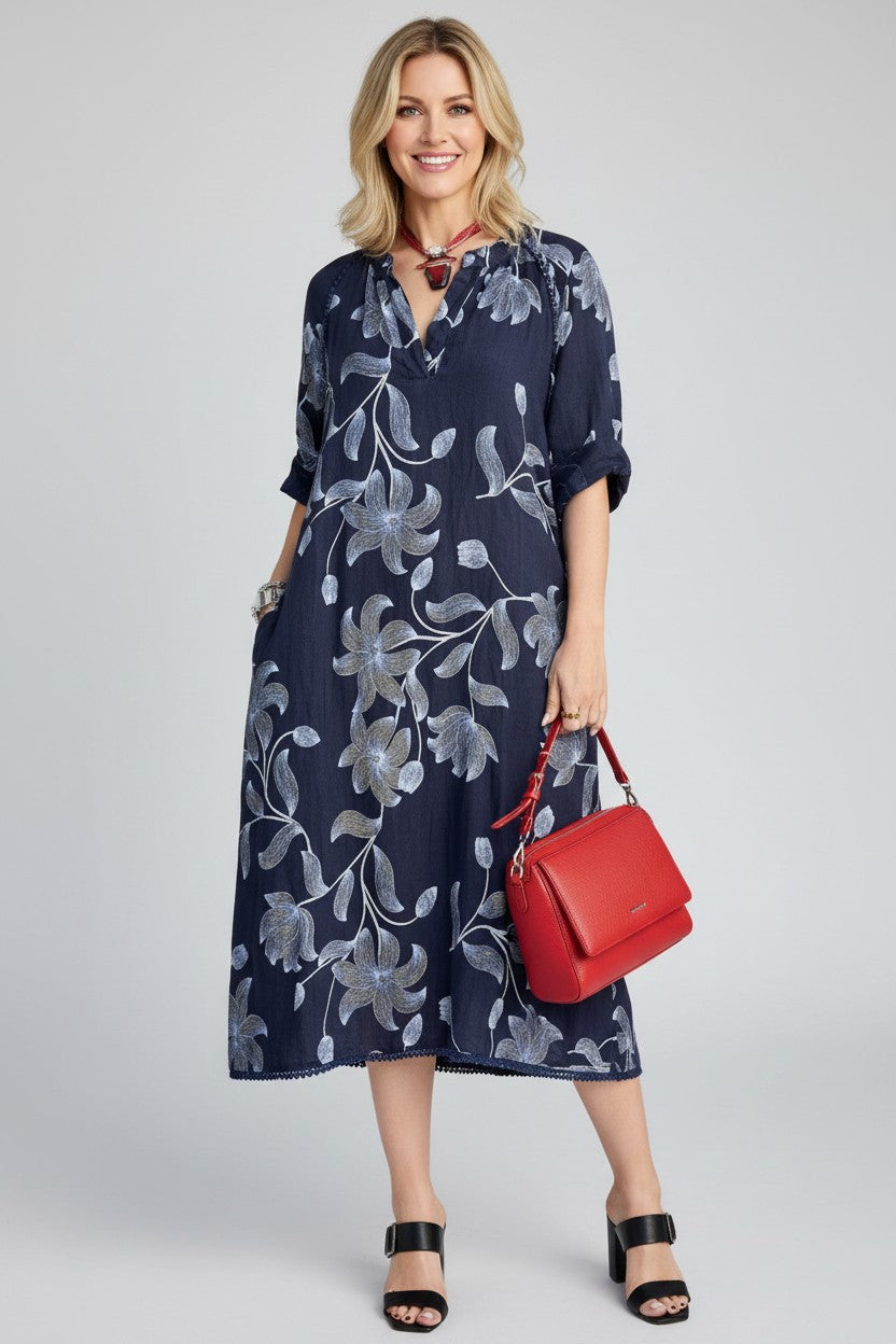 L243-Conti Moda Italian Linen Floral Pattern Dress