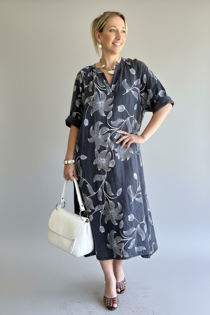 L243-Conti Moda Italian Linen Floral Pattern Dress
