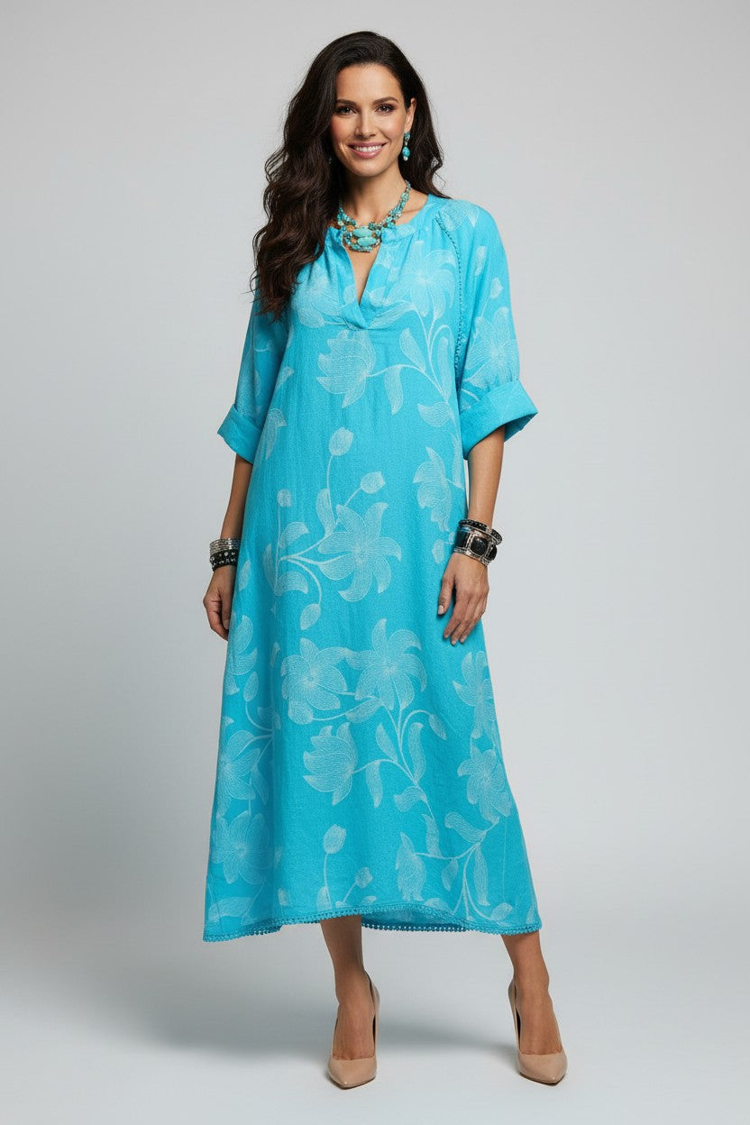 L243-Conti Moda Italian Linen Floral Pattern Dress