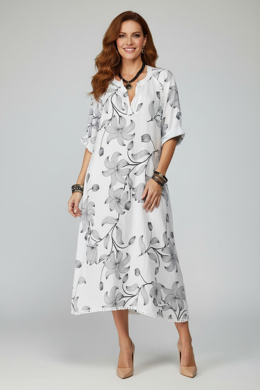 L243-Conti Moda Italian Linen Floral Pattern Dress