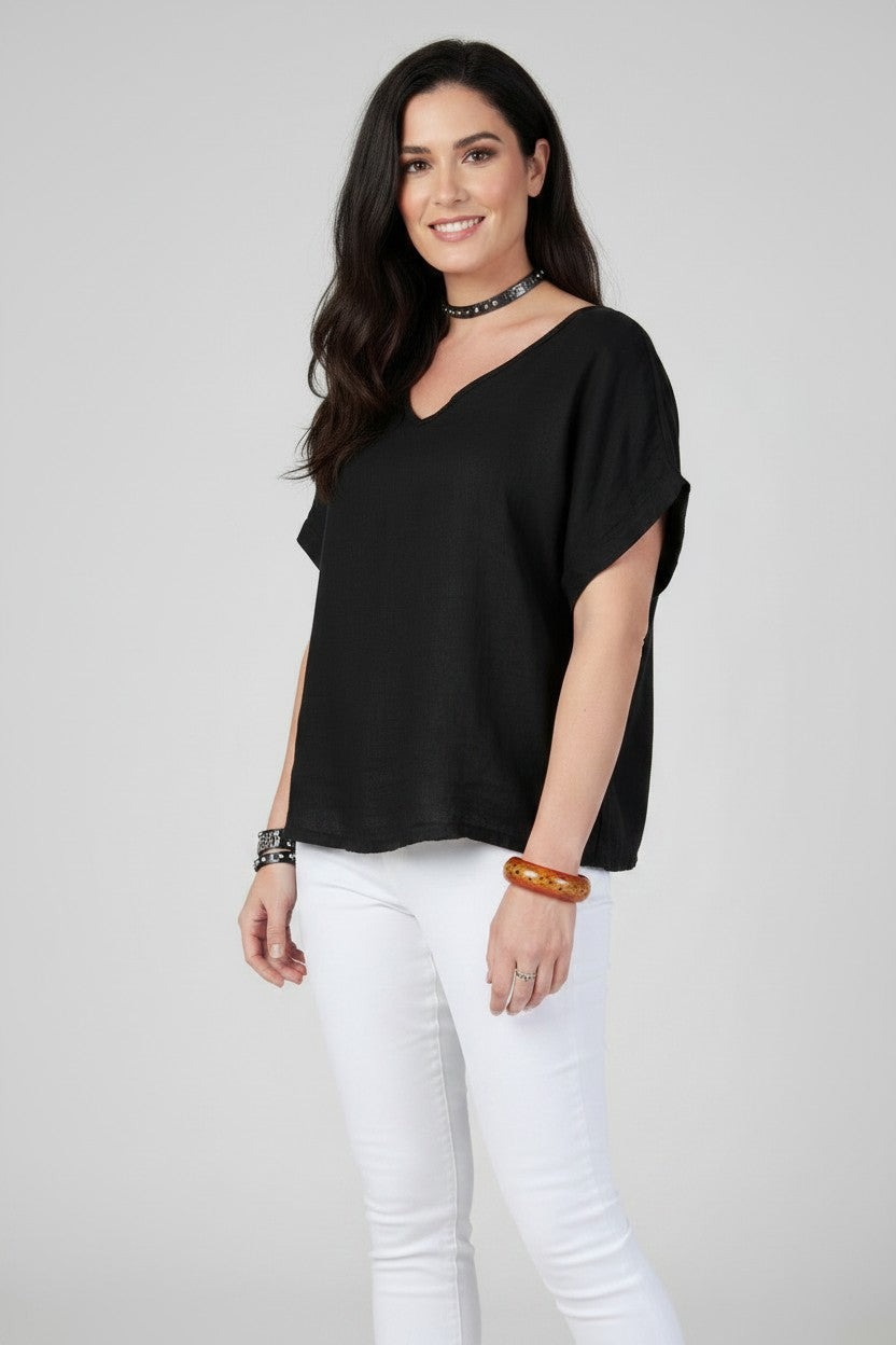 L564-Conti Moda Smart V Neck Italian Linen Top