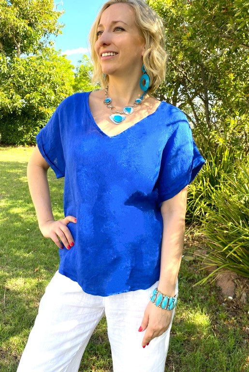 L564-Conti Moda Smart V Neck Italian Linen Top