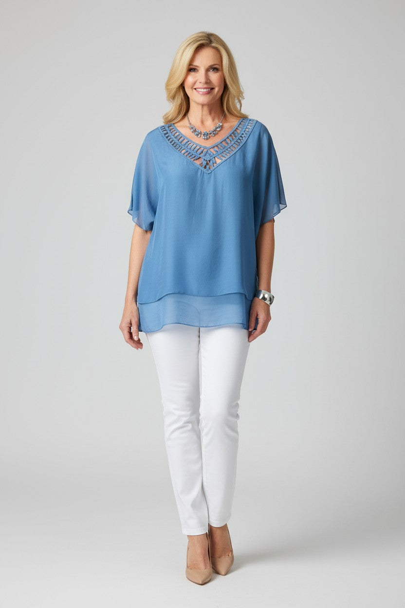 L581-Conti Moda Italian Silk V Neck Top