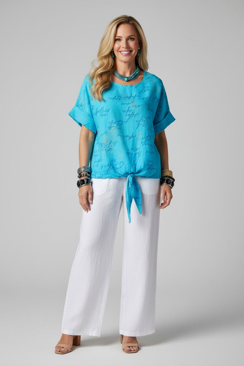 L794-Conti Moda Italian Print Top With Front Tie