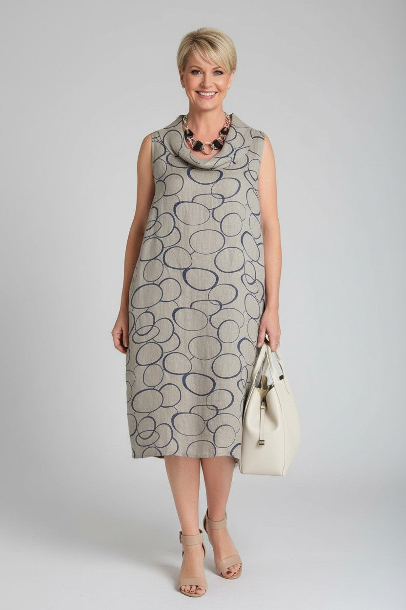 L8661-Conti Moda Beautiful Italian Linen Print Dress