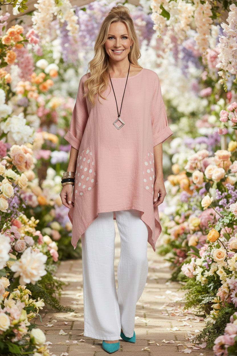 L930-Conti Moda Linen Top With Polkadot Pockets