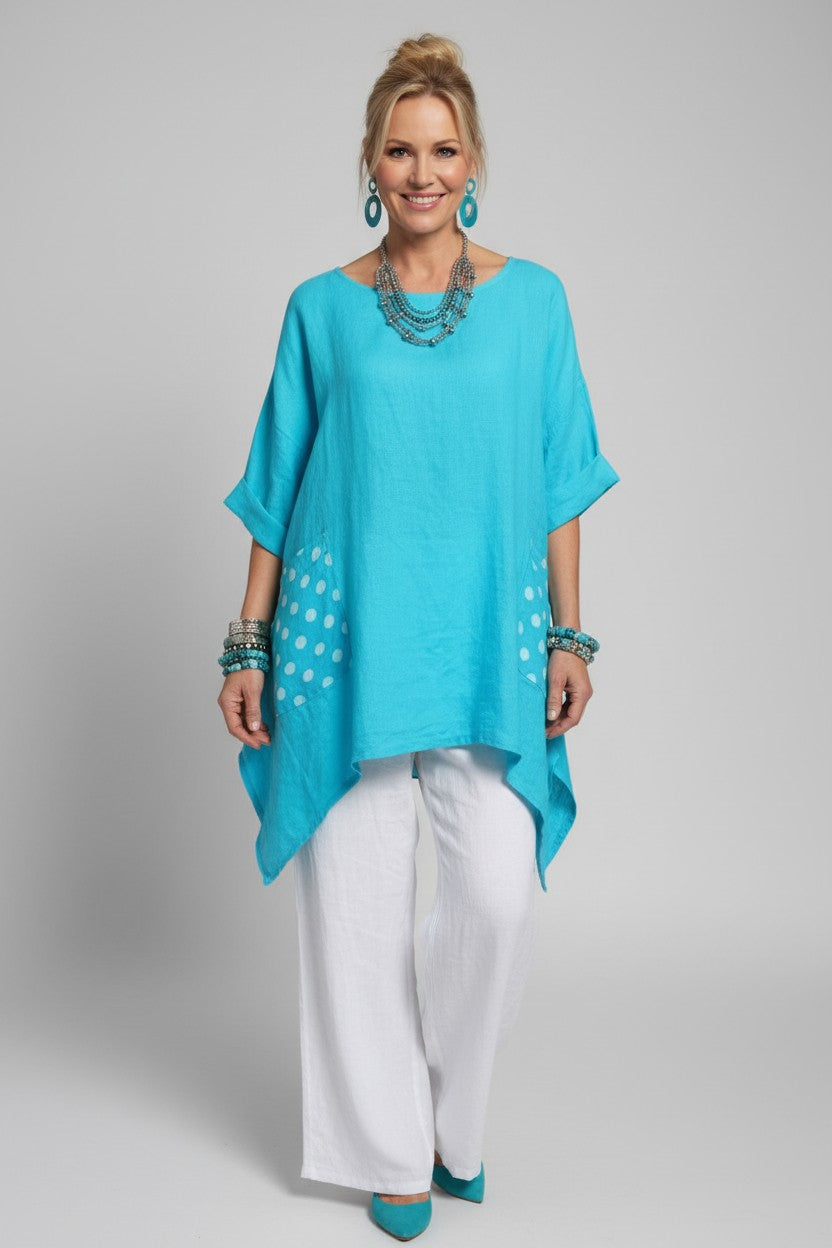 L930-Conti Moda Linen Top With Polkadot Pockets