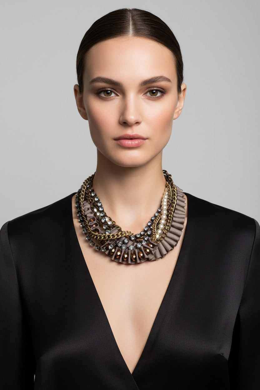 Studio portrait of a model wearing a unique Australian Made statement bronze necklace featuring crystals, pearls, and chains on a slate ribbon.