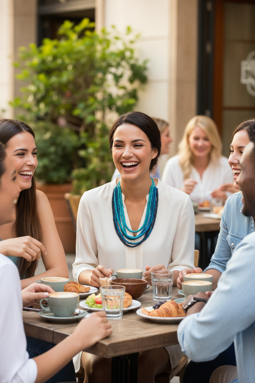 Woman wearing a long blue multi-strand beaded necklace styled with a white linen shirt for a casual lunch.