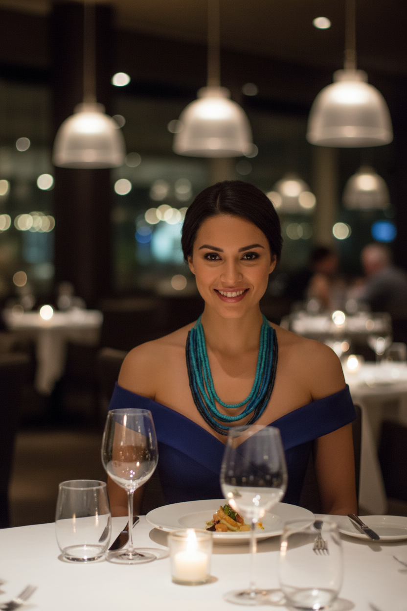 Elegant evening look featuring a long layered blue beaded cord necklace paired with a navy blue dress.