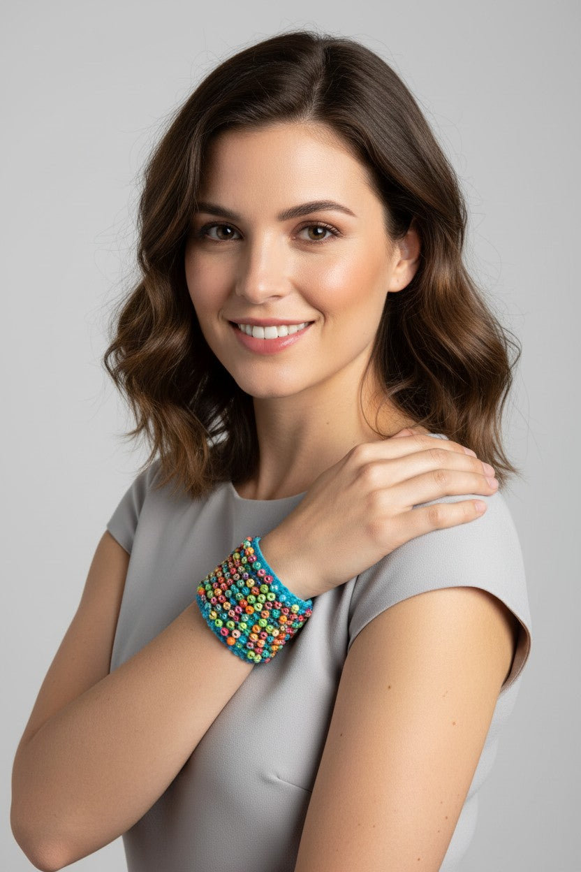 woman wearing bohemian wide sky blue fabric cuff bracelet intricately detailed with multicolored micro seed beads.