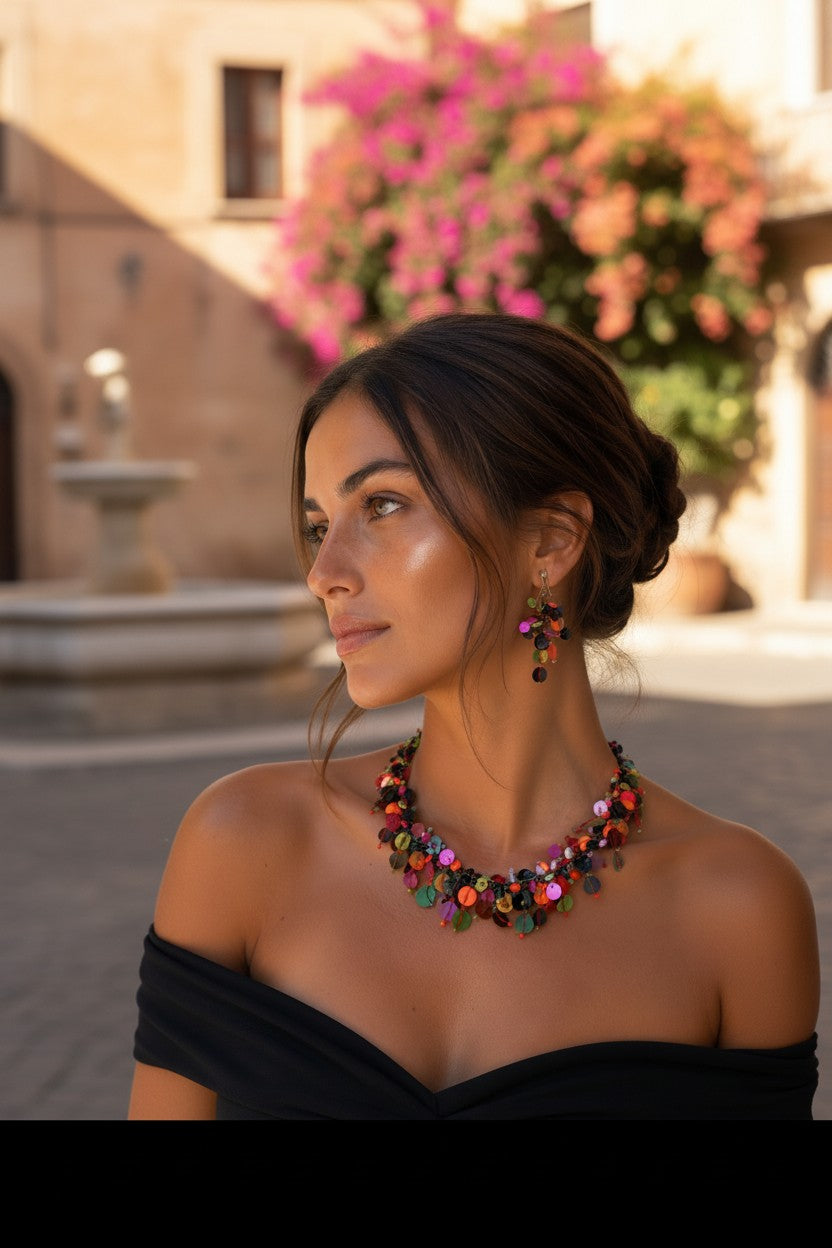woman  in Italy wearing multi-colored necklace and earrings. stylish coin charm jewelry set 