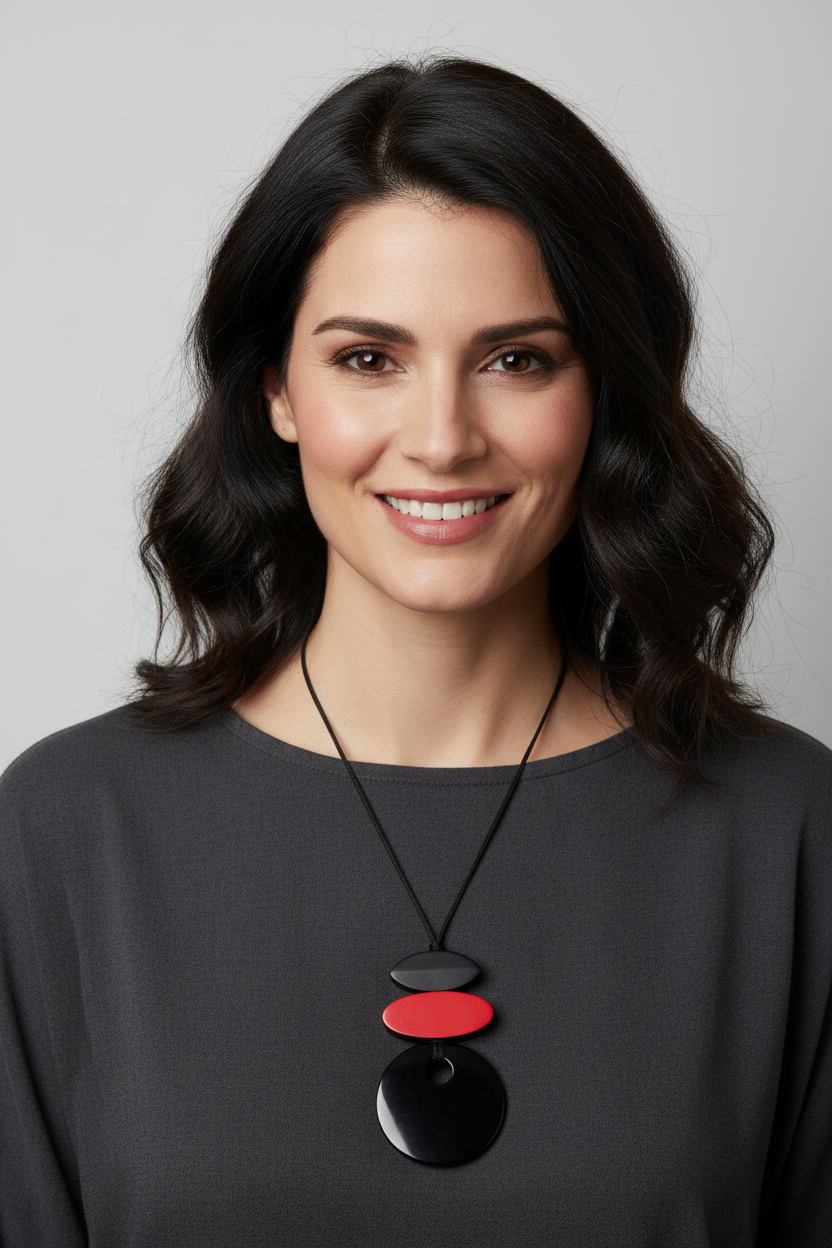 Woman wearing a geometric statement necklace featuring a vibrant fuchsia pink oval piece and black components connected to a glossy black pendant on an adjustable cord.